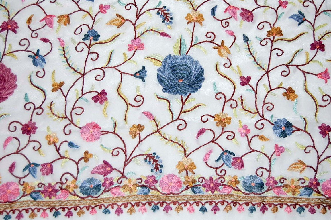 Kashmir Silk Sari Saree White, Multicolor Embroidery #SA-106
