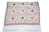 Kashmir Silk Sari Saree White, Multicolor Embroidery #SA-106