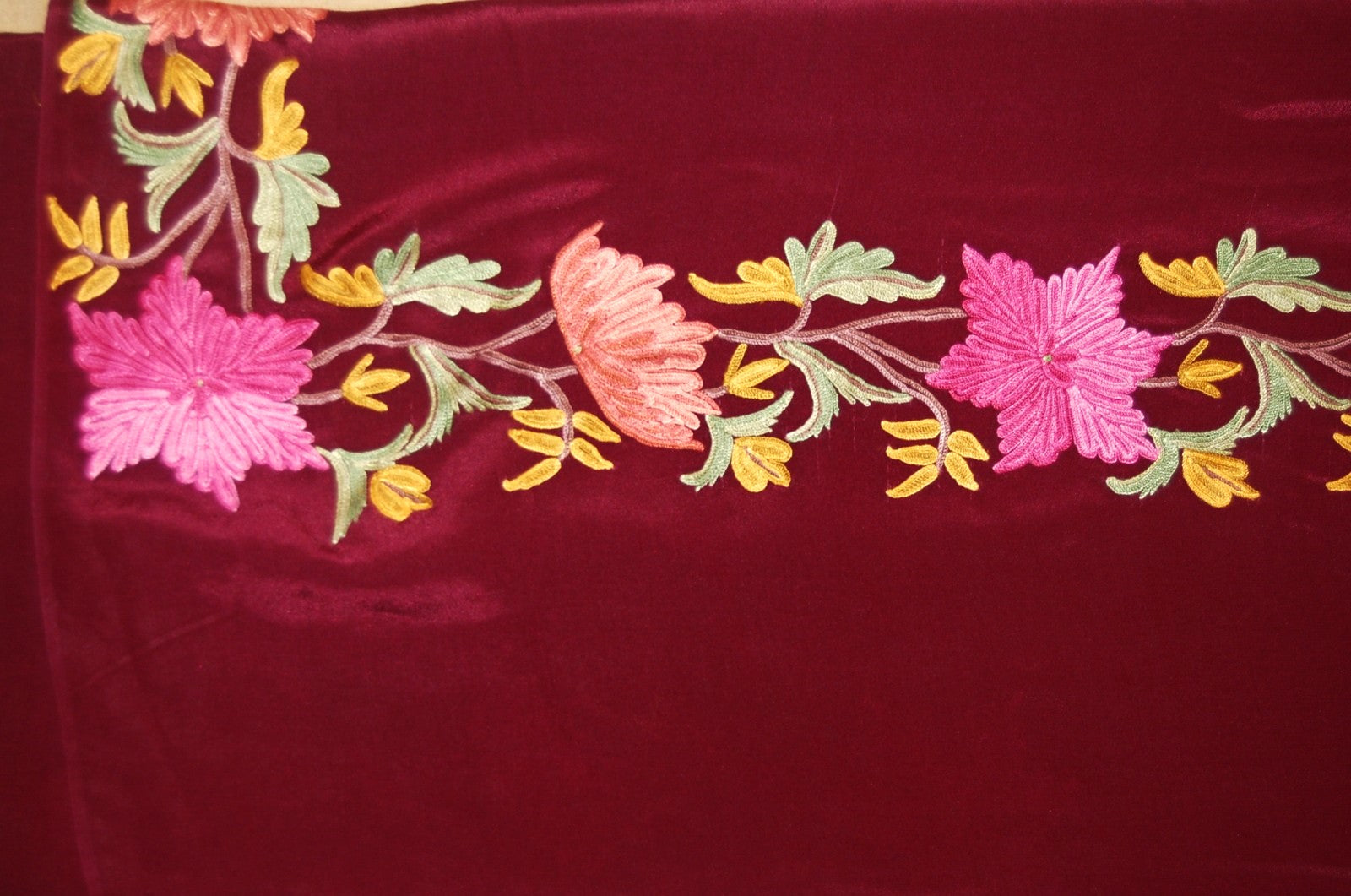 Kashmir Silk Sari Saree Maroon, Multicolor Embroidery #SA-108