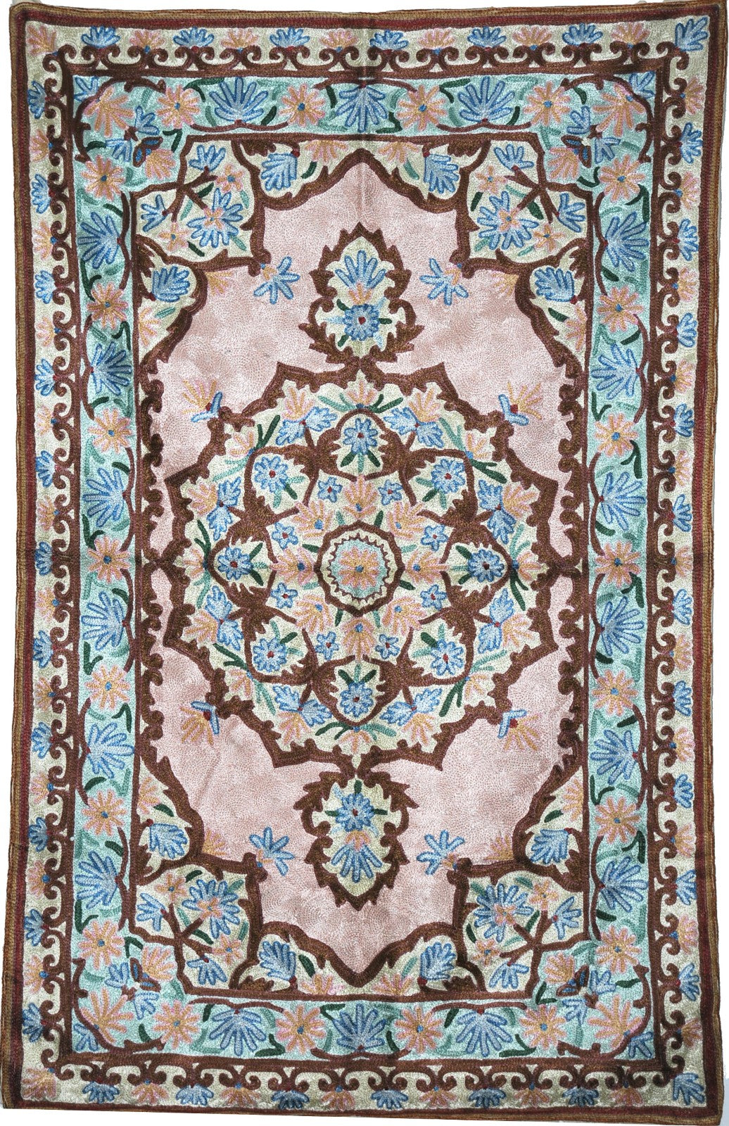 ChainStitch Tapestry Silk Area Rug, Pink and Blue Embroidery 2.5x4