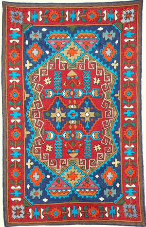 ChainStitch Tapestry Kilim Woolen Wall Hanging Area Rug, Multicolor Embroidery 2.5x4 feet #CWR10015