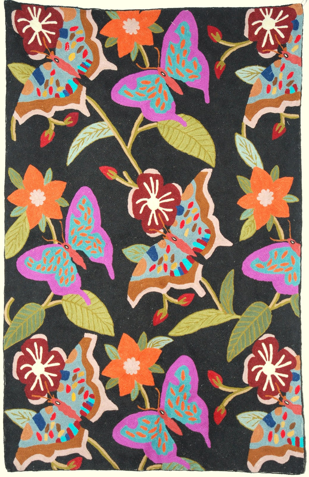 Chain Stitch Tapestry Wool Rug "Butterfly", Multicolor Embroidered 2.5x4 feet #CWR10016