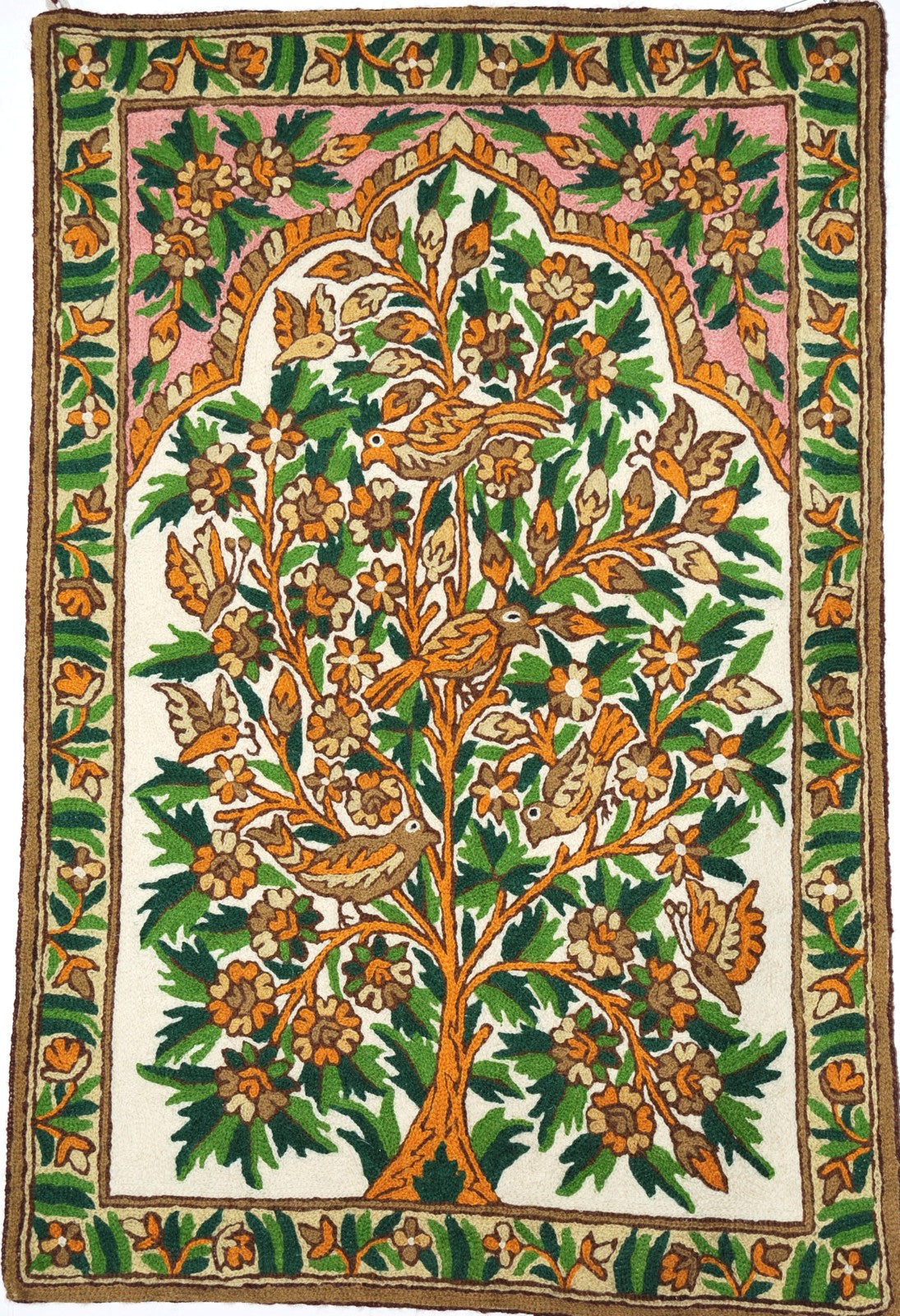 ChainStitch Tapestry Woolen Area Rug "Tree of Life Birds", Multicolor Embroidery 2x3 feet #CWR6101