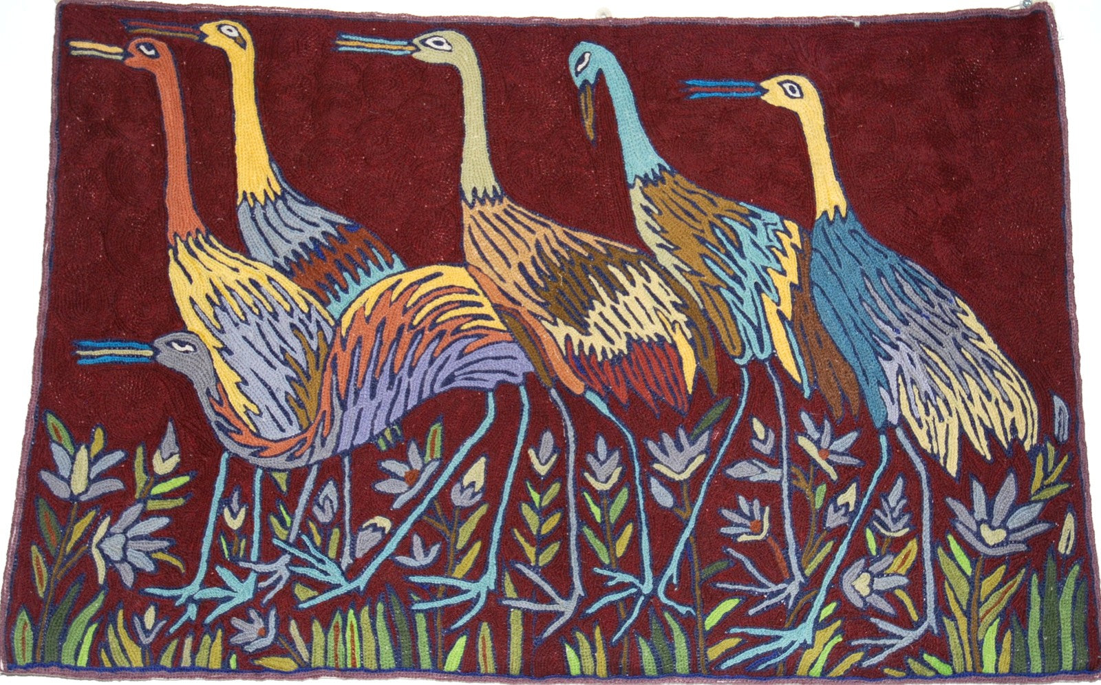 Chain Stitch Tapestry Wool Rug "Birds", Multicolor Embroidered 2x3 feet #CWR6103