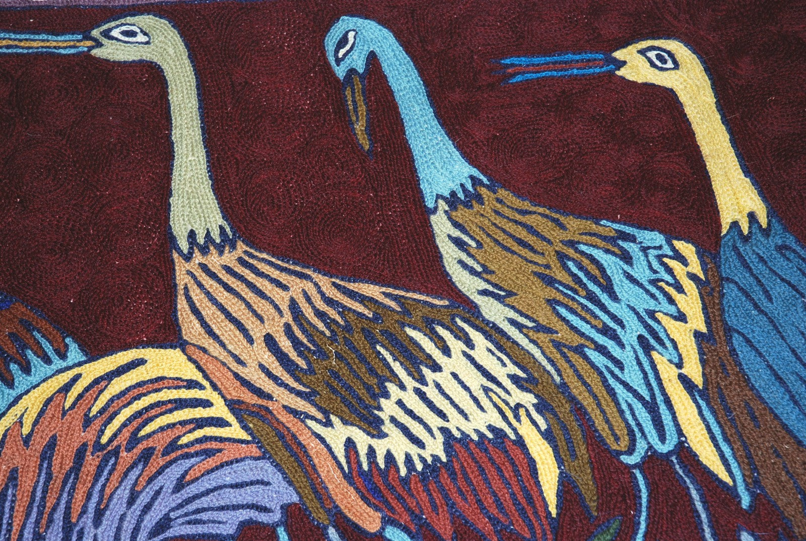 Chain Stitch Tapestry Wool Rug "Birds", Multicolor Embroidered 2x3 feet #CWR6103