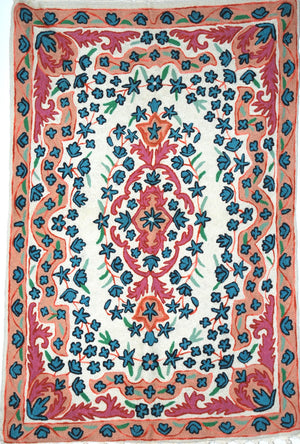 ChainStitch Tapestry Woolen Area Rug, Pink and Blue Embroidery 2x3 feet #CWR6104