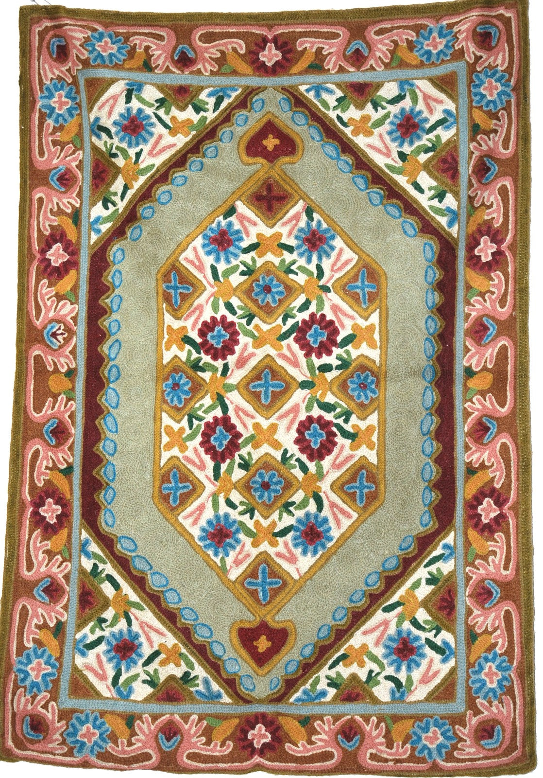 Hand Embroidered Area Rug, Tapestry Wool Rug, Multicolor 2x3 feet #CWR6105