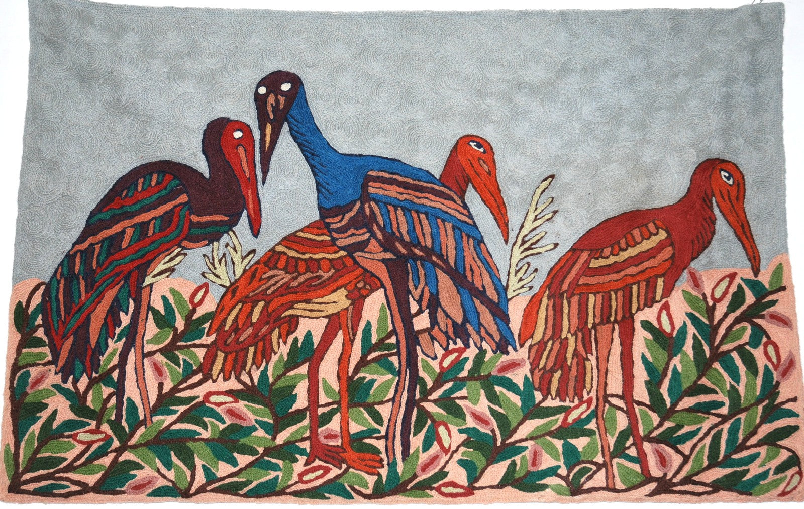 Chain Stitch Tapestry Wool Rug "Birds", Multicolor Embroidered 2x3 feet #CWR6108