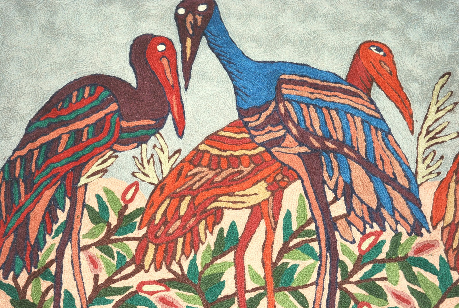 Chain Stitch Tapestry Wool Rug "Birds", Multicolor Embroidered 2x3 feet #CWR6108