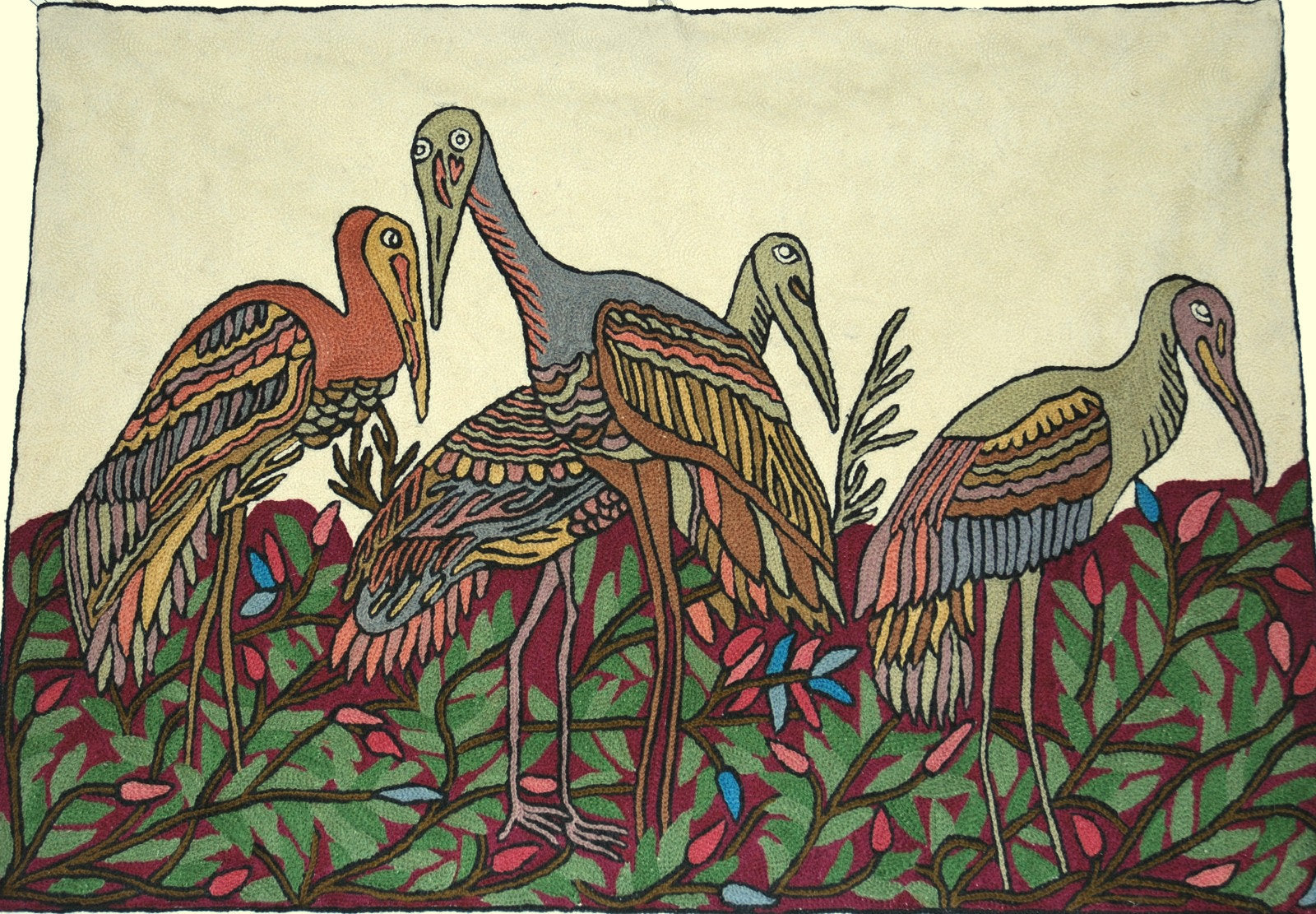 Chain Stitch Tapestry Wool Rug "Birds", Multicolor Embroidered 2x3 feet #CWR6110