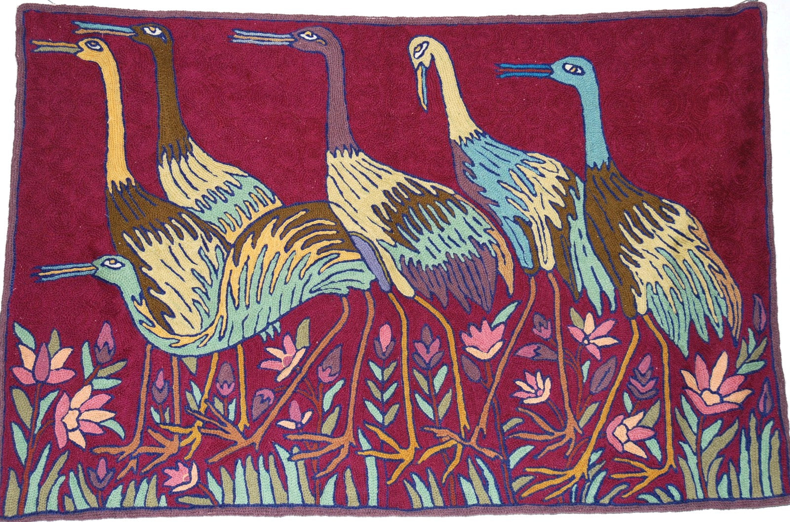 Chain Stitch Tapestry Wool Rug "Birds", Multicolor Embroidered 2x3 feet #CWR6111
