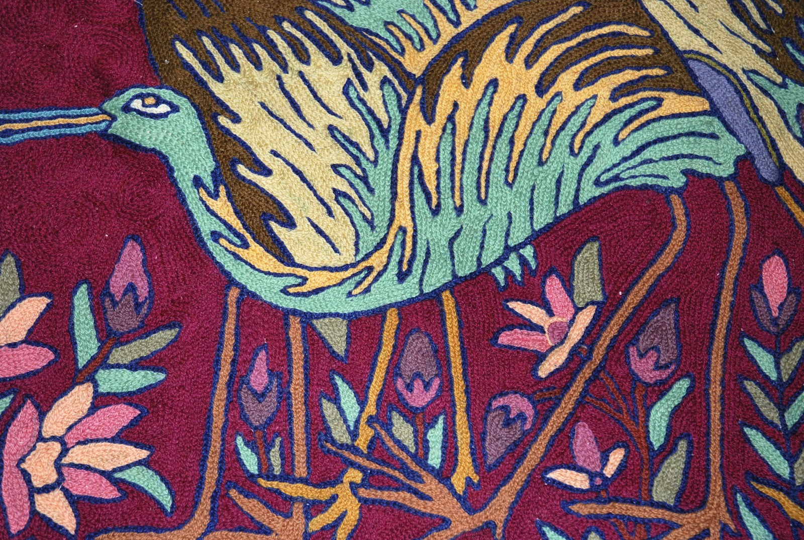 Chain Stitch Tapestry Wool Rug "Birds", Multicolor Embroidered 2x3 feet #CWR6111