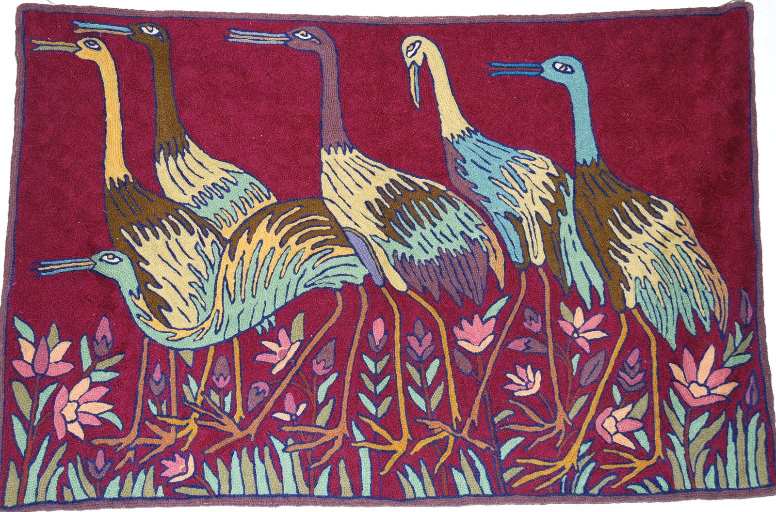 ChainStitch Tapestry Wall Hanging Area Rug Birds, Multicolor Embroidery 2x3 feet #CWR6111