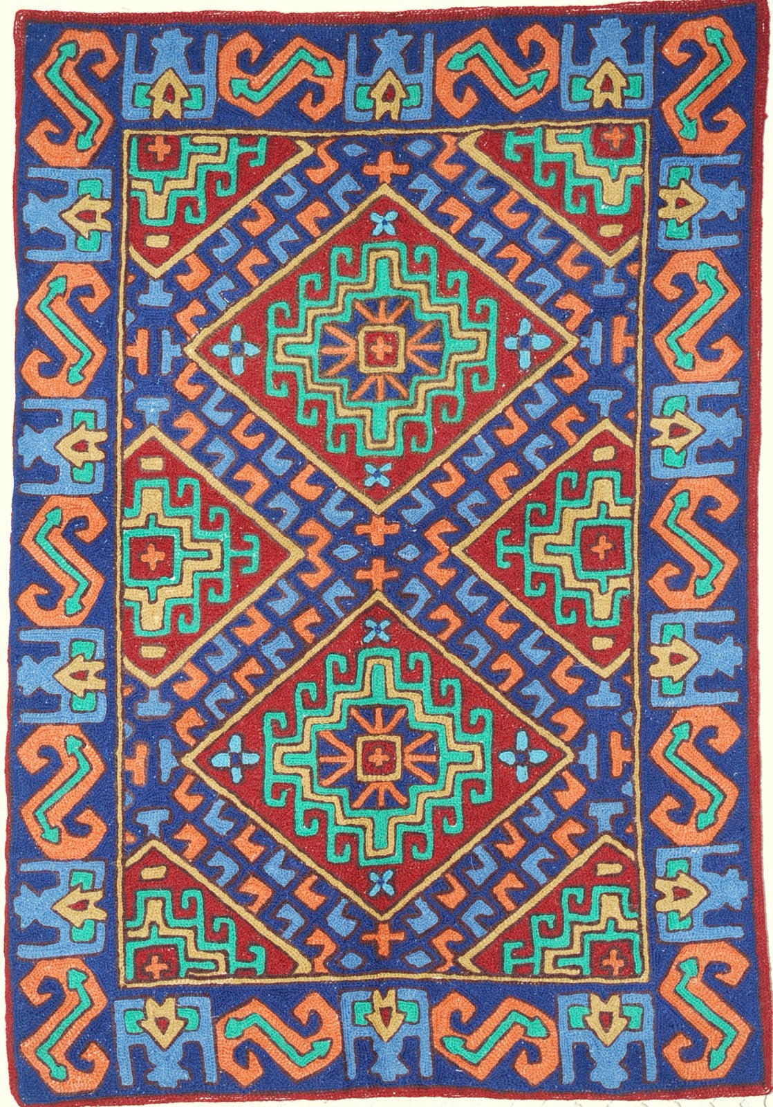 Chain Stitch Tapestry Kelim Wool Rug, Multicolor Embroidered 2x3 feet #CWR6112