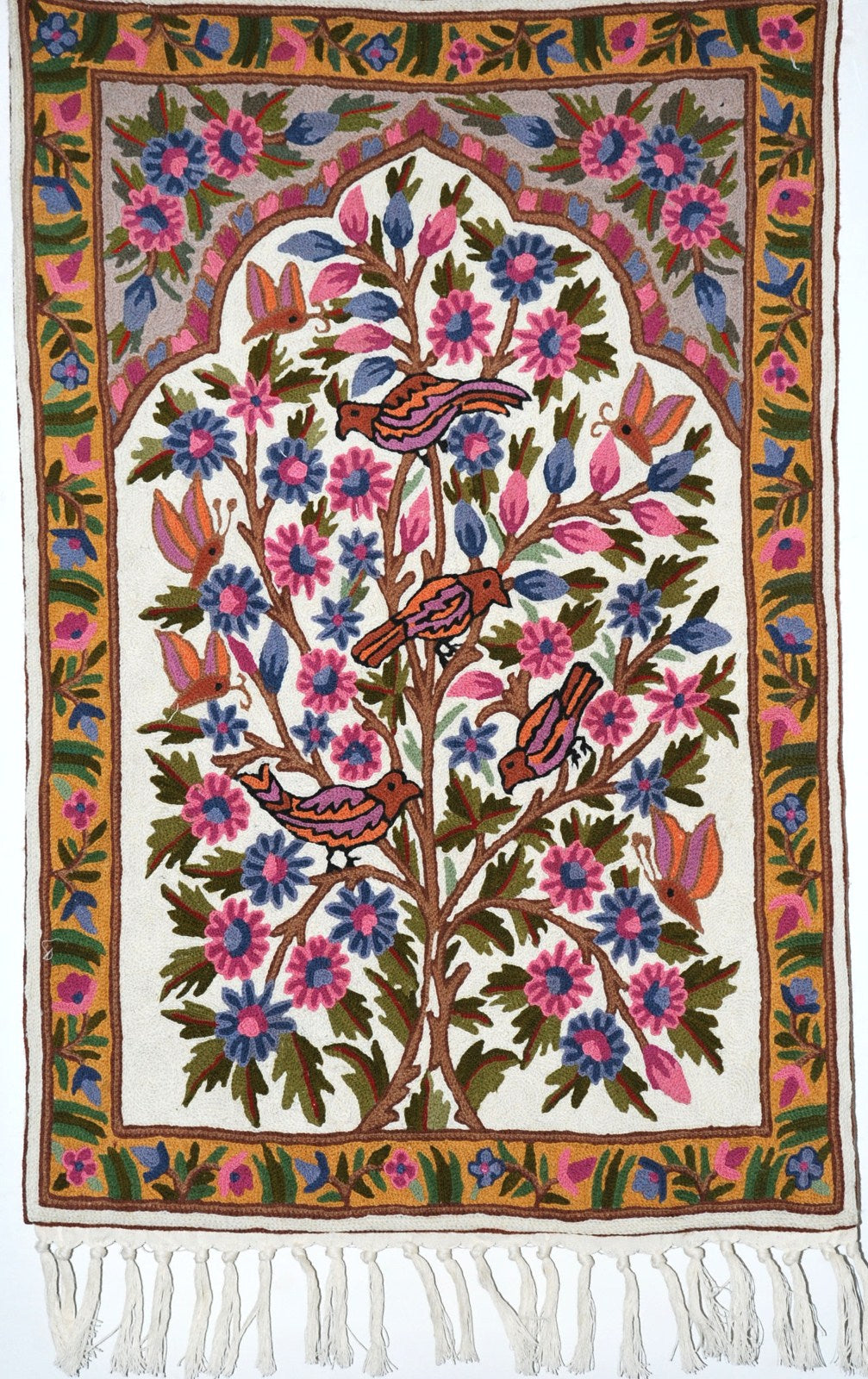 ChainStitch Tapestry Wall Hanging Area Rug "Tree of Life Birds", Multicolor Embroidery 2x3 feet #CWR6114