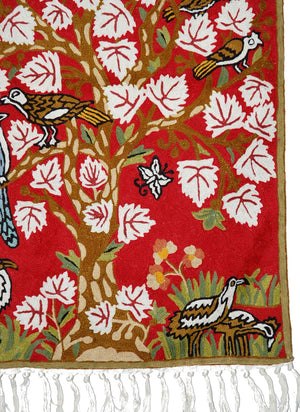 ChainStitch Tapestry Woolen Area Rug "Maple Tree Birds", Multicolor Embroidery 2x3 feet #CWR6115
