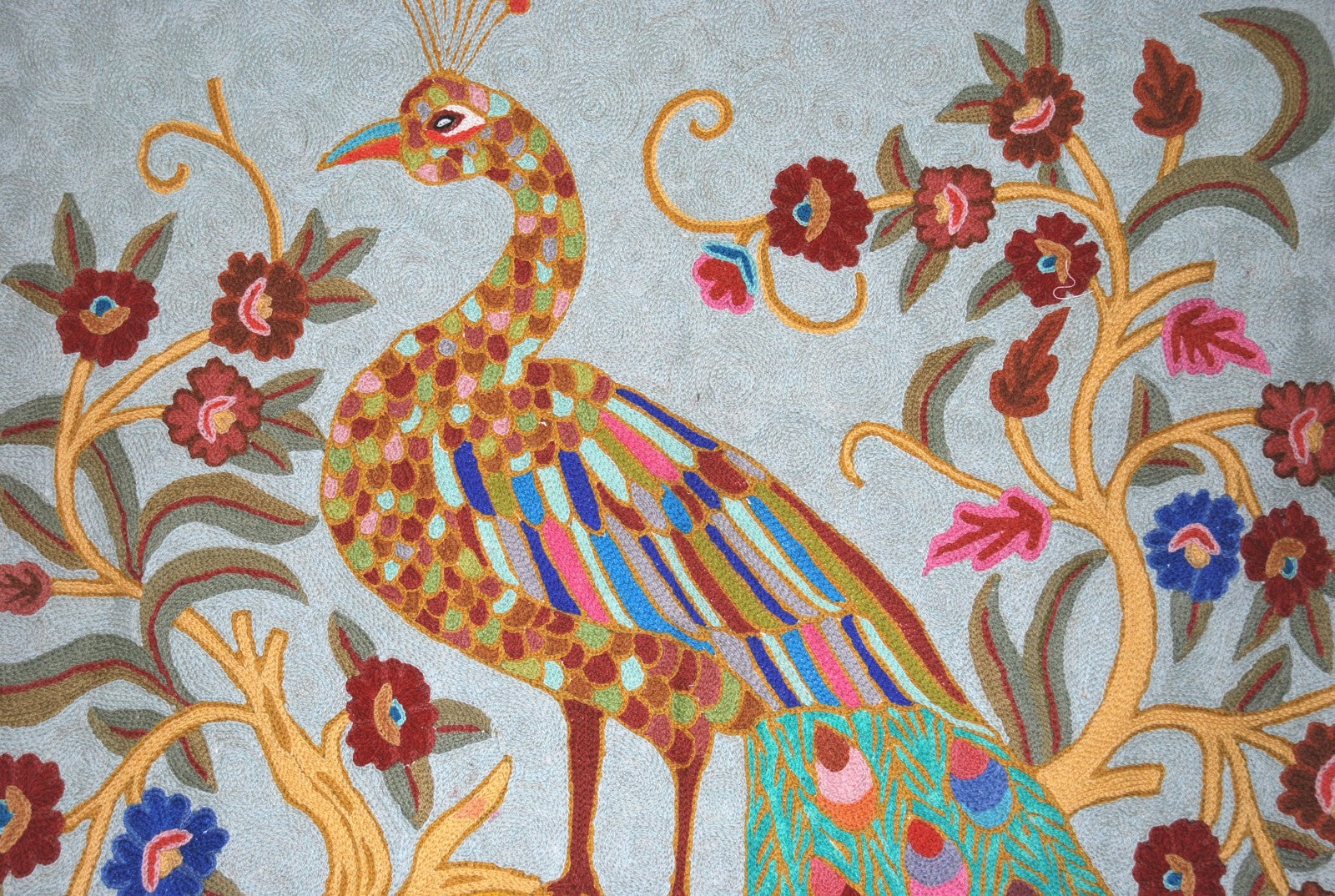 Chain Stitch Tapestry Wool Rug "Peacock", Multicolor Embroidered 2.5x4 feet #CWR10117