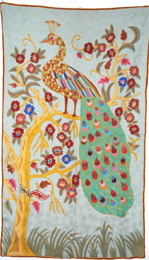 ChainStitch Tapestry Woolen Area Rug "Peacock", Multicolor Embroidery 3x5 feet #CWR15115