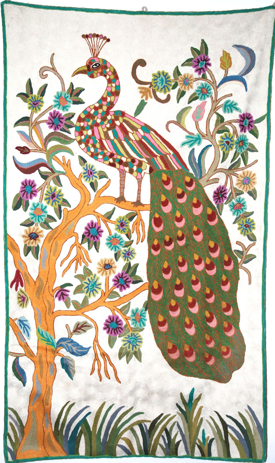 Chain Stitch Tapestry Wool Rug "Peacock", Multicolor Embroidered 3x5 feet #CWR15116