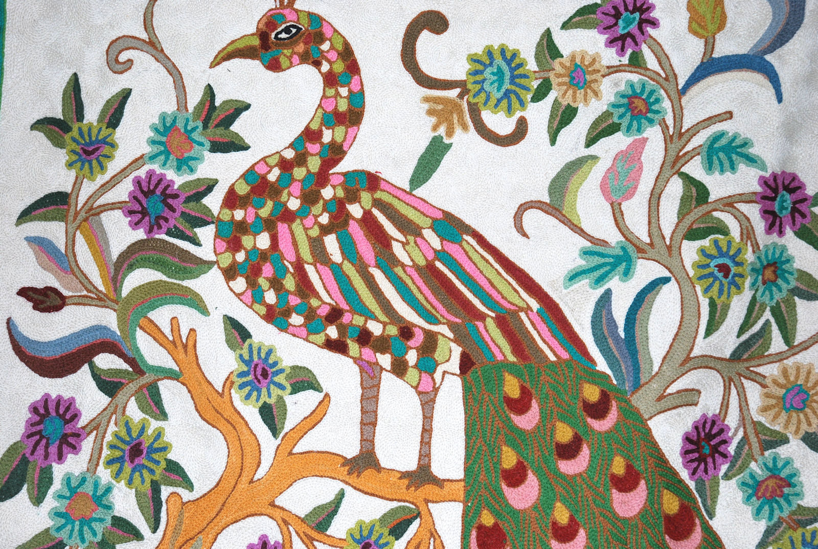Chain Stitch Tapestry Wool Rug "Peacock", Multicolor Embroidered 3x5 feet #CWR15116