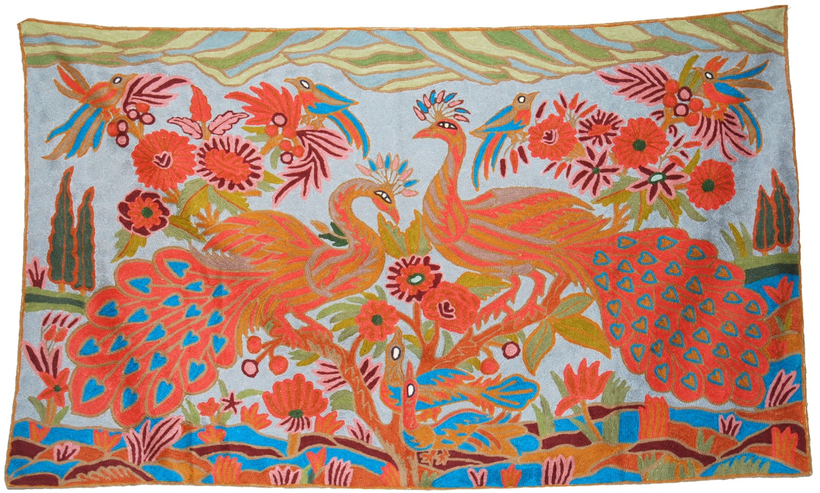 Chain Stitch Tapestry Wool Rug "Peacock", Multicolor Embroidered 3x5 feet #CWR15117