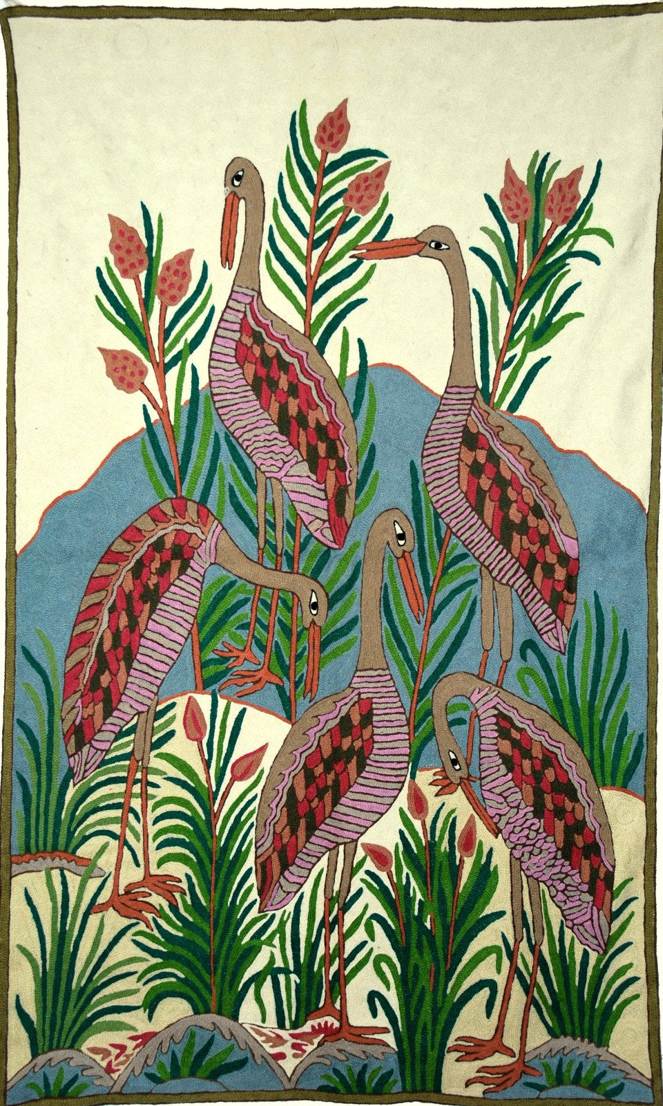 Chain Stitch Tapestry Wool Rug "Birds", Multicolor Embroidered 3x5 feet #CWR15119