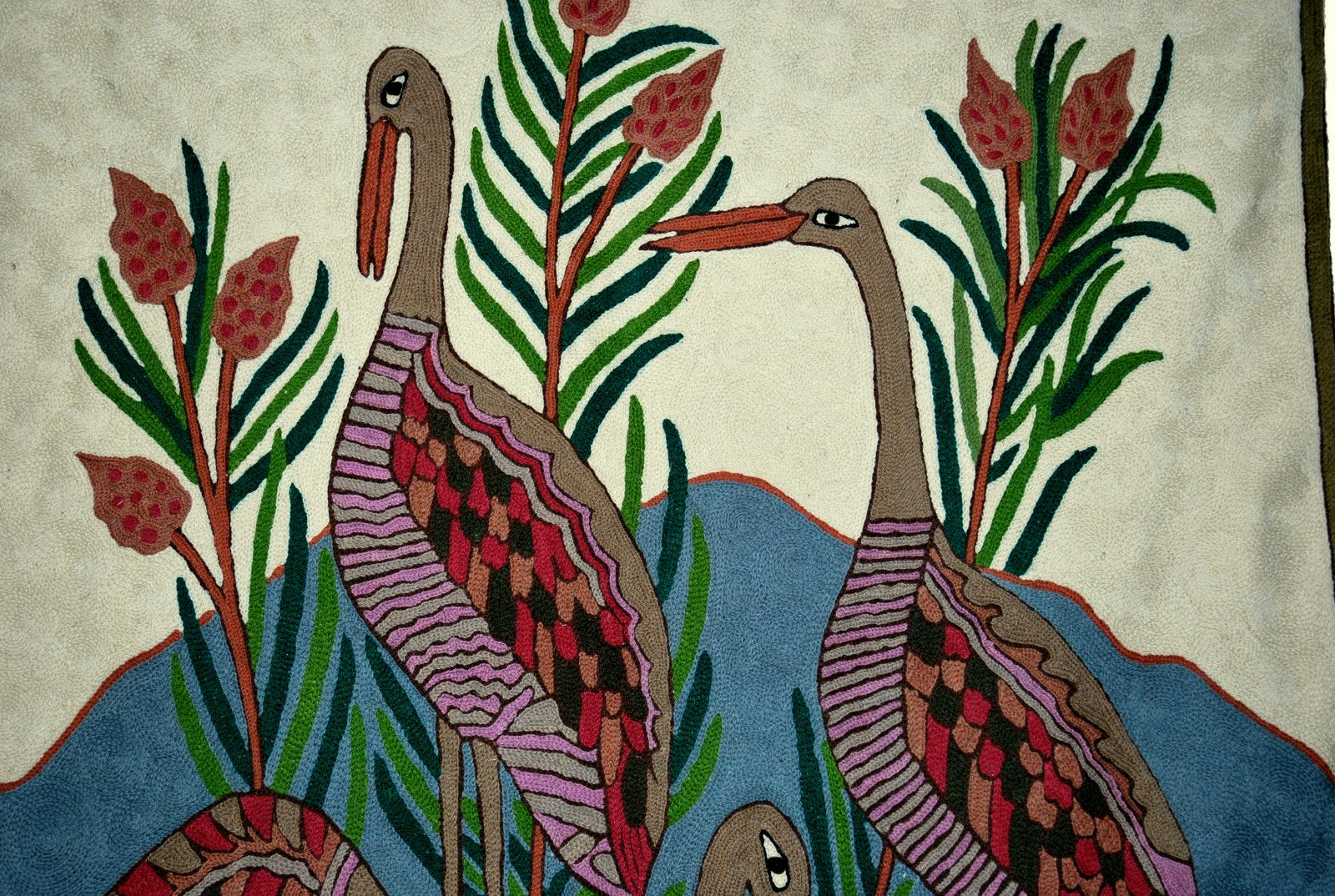 ChainStitch Tapestry Area Rug "Birds", Multicolor Wool Embroidery 3x5 feet #CWR15119