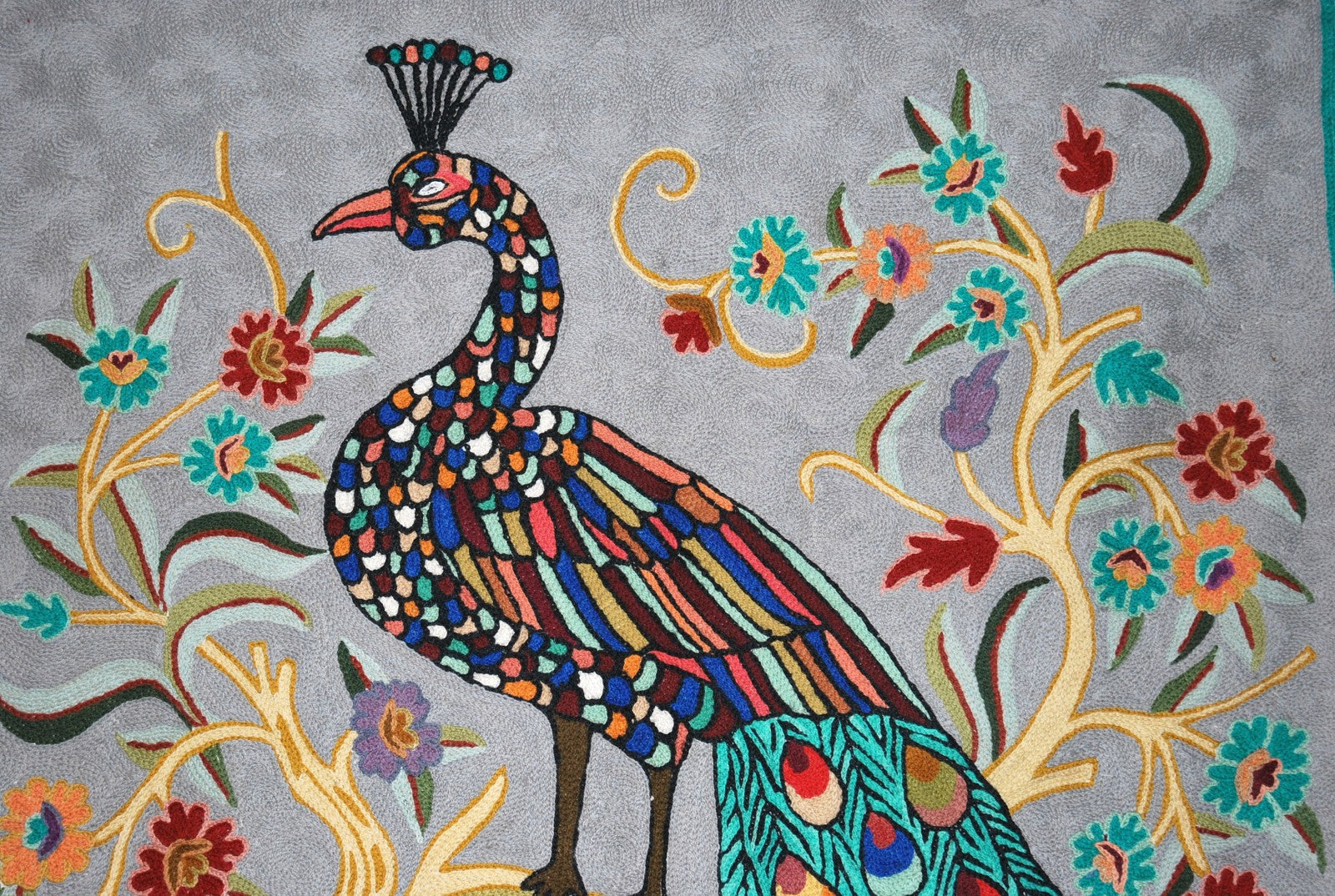 Chain Stitch Tapestry Wool Rug "Peacock", Multicolor Embroidered 3x5 feet #CWR15121