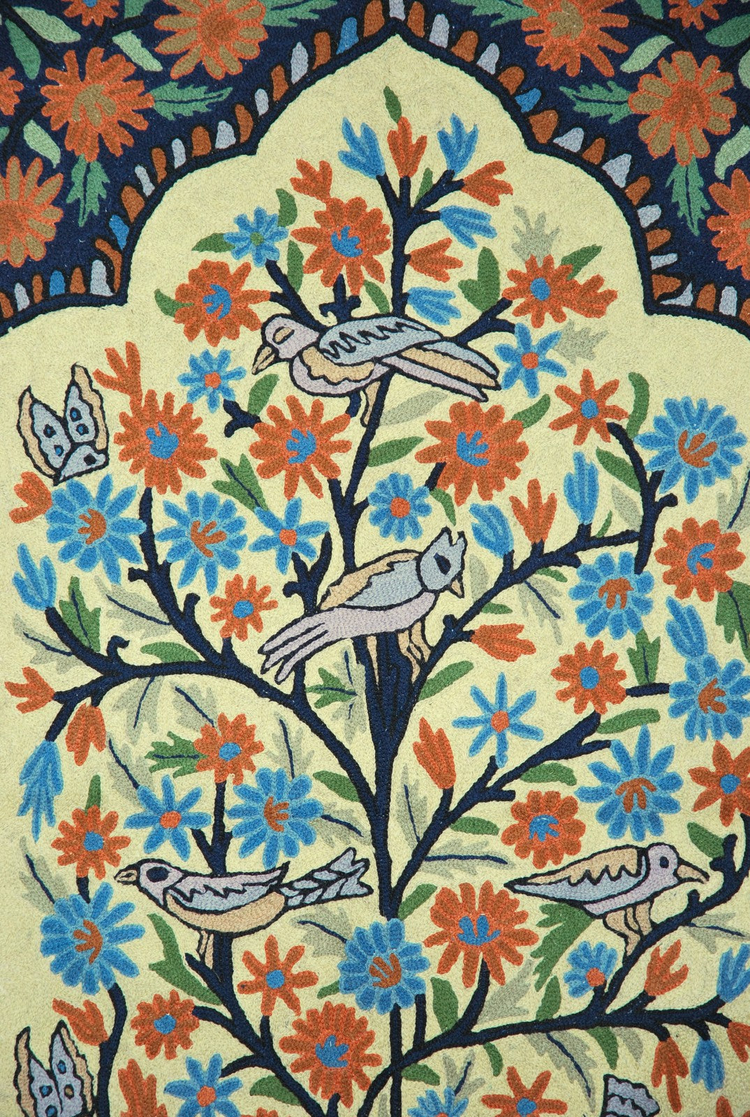 ChainStitch Tapestry Woolen Area Rug "Tree of Life Birds", Multicolor Embroidery 3x5 feet #CWR15124