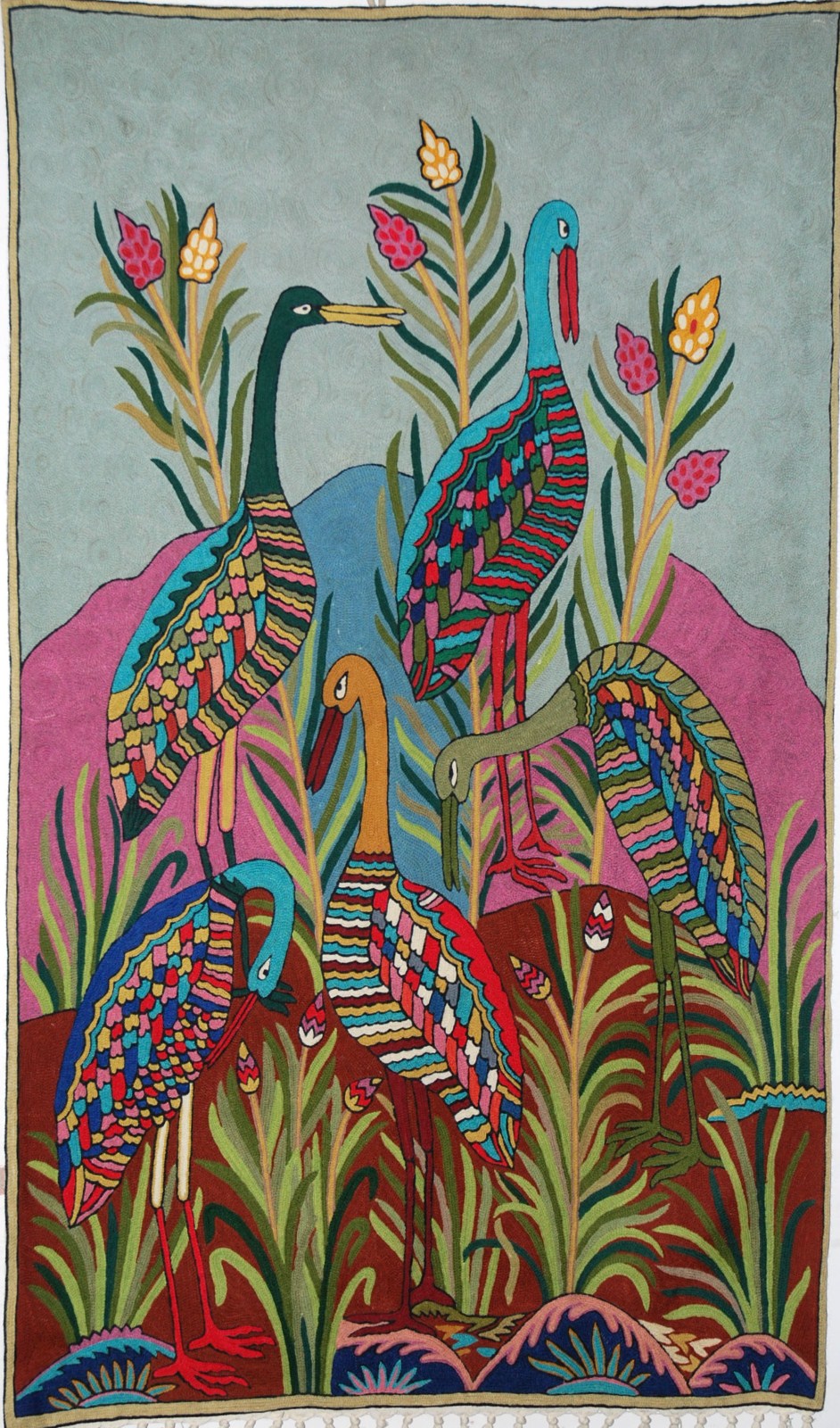 Chain Stitch Tapestry Wool Rug "Birds", Multicolor Embroidered 3x5 feet #CWR15130