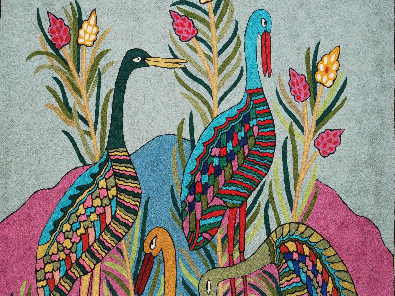 Chain Stitch Tapestry Wool Rug "Birds", Multicolor Embroidered 3x5 feet #CWR15130
