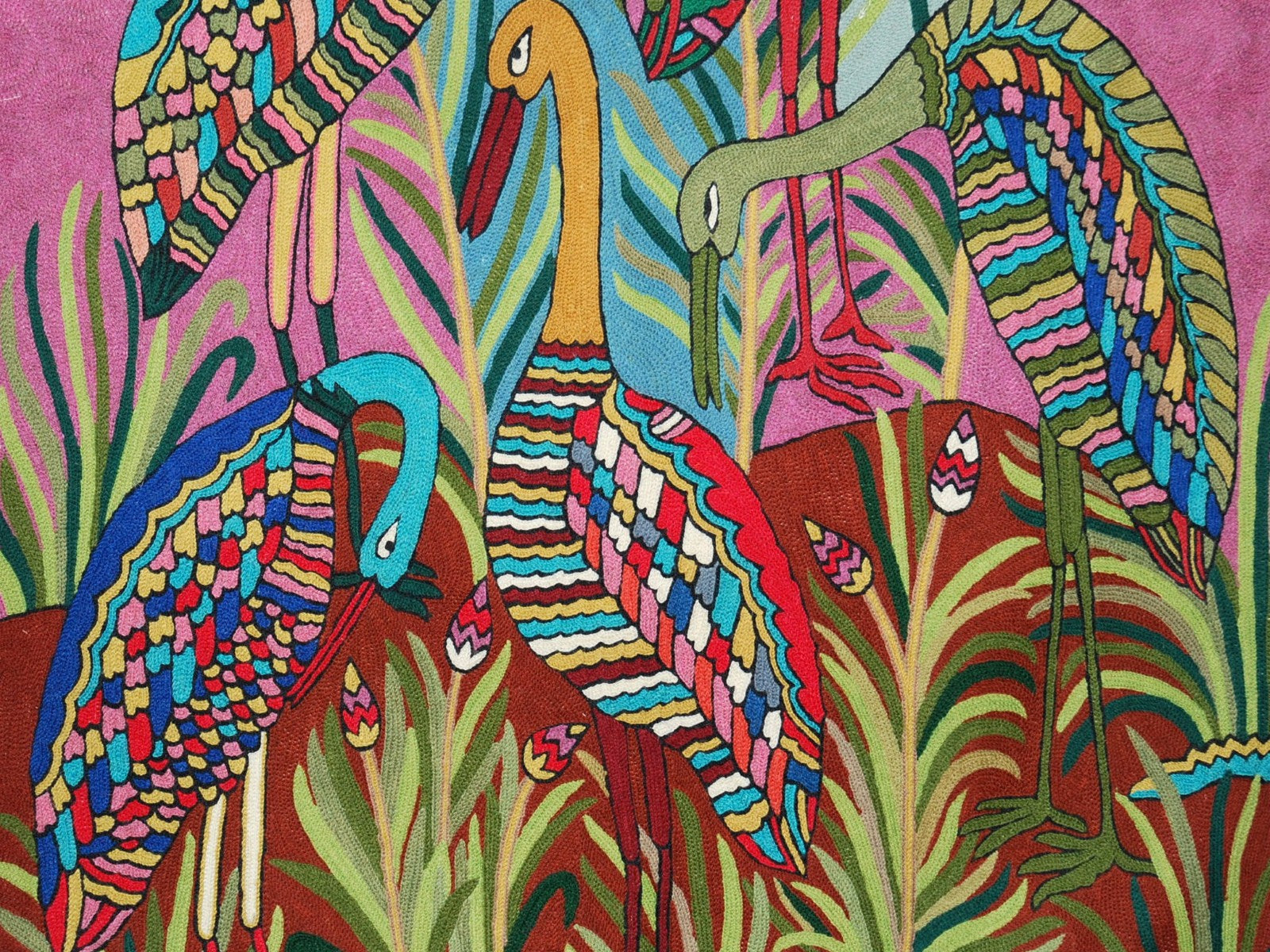 Chain Stitch Tapestry Wool Rug "Birds", Multicolor Embroidered 3x5 feet #CWR15130