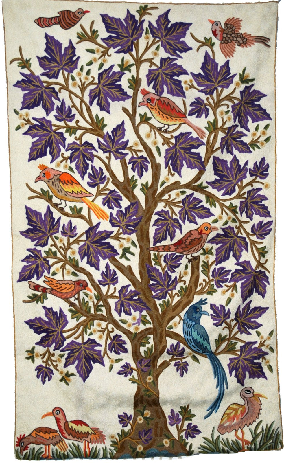 ChainStitch Tapestry Area Rug "Tree of Life Birds", Multicolor Wool Embroidery 3x5 feet #CWR15131