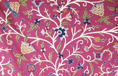 Custom Crewel Embroidered Fabric Magenta, Multicolor Embroidery #3320