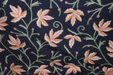 Custom Crewel Embroidered Fabric "Maple" Black, Multicolor Embroidery #3350