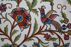 Custom Crewel Embroidered Fabric "Tree of Life" Birds, Multicolor Embroidery #3337