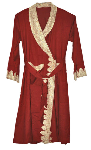 Woolen Gents Dressing Gown Maroon, Cream Embroidery #WG-103