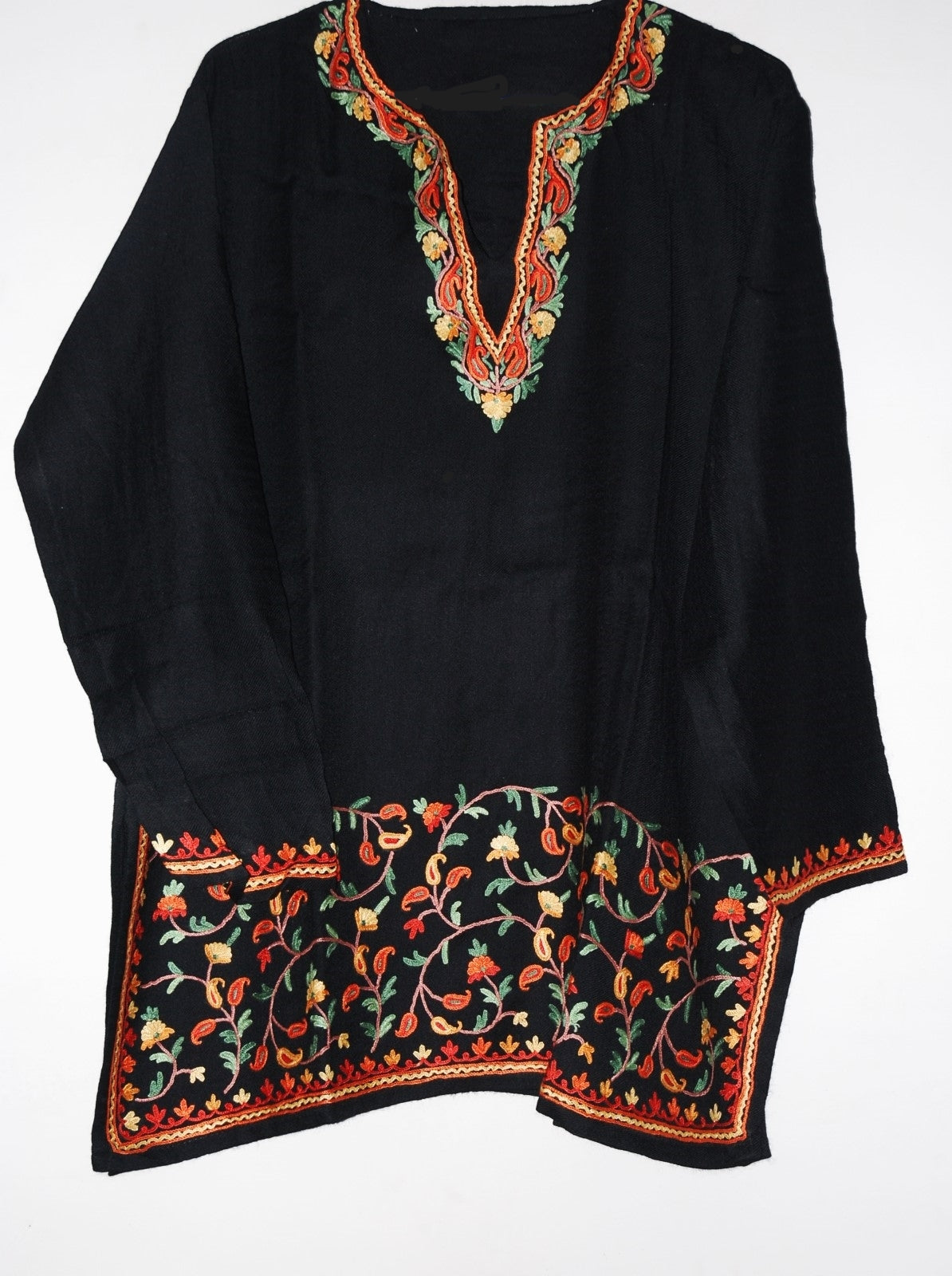 Traditional Kashmiri Kurta Tunic Woolen Kurti Black, Multicolor Embroidery #WK-401