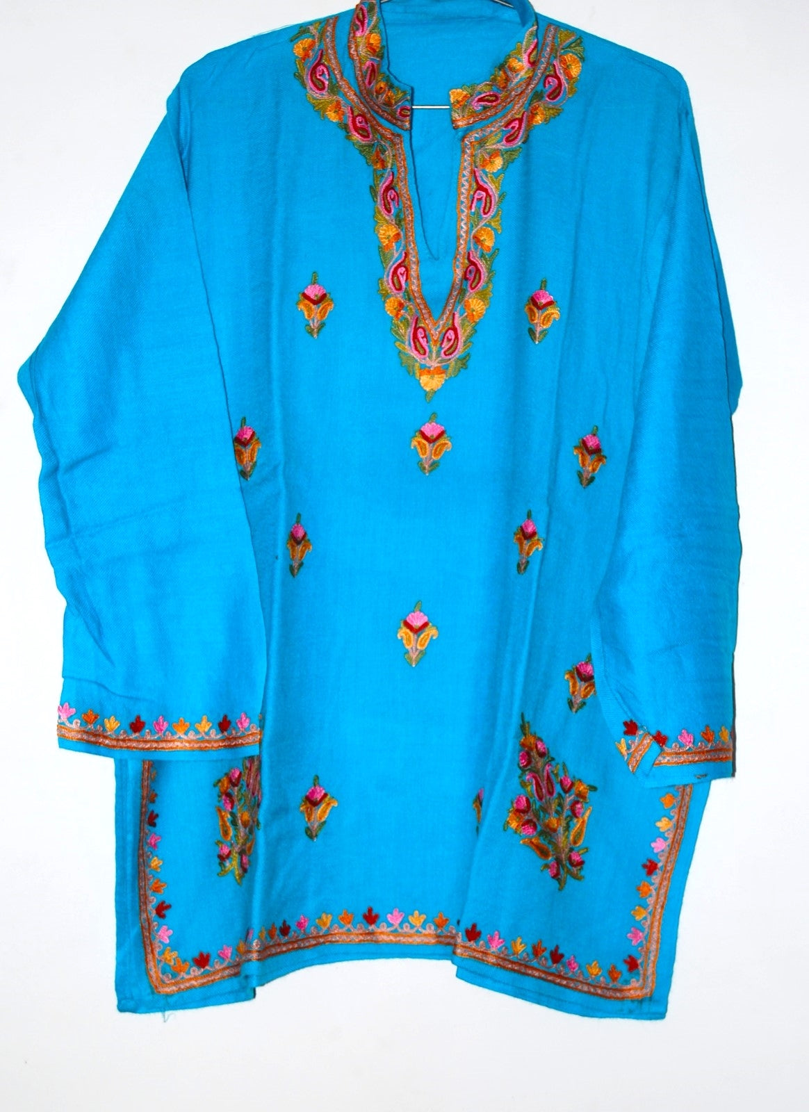 Traditional Kashmiri Kurta Tunic Woolen Kurti Sky Blue, Multicolor Embroidery #WK-452