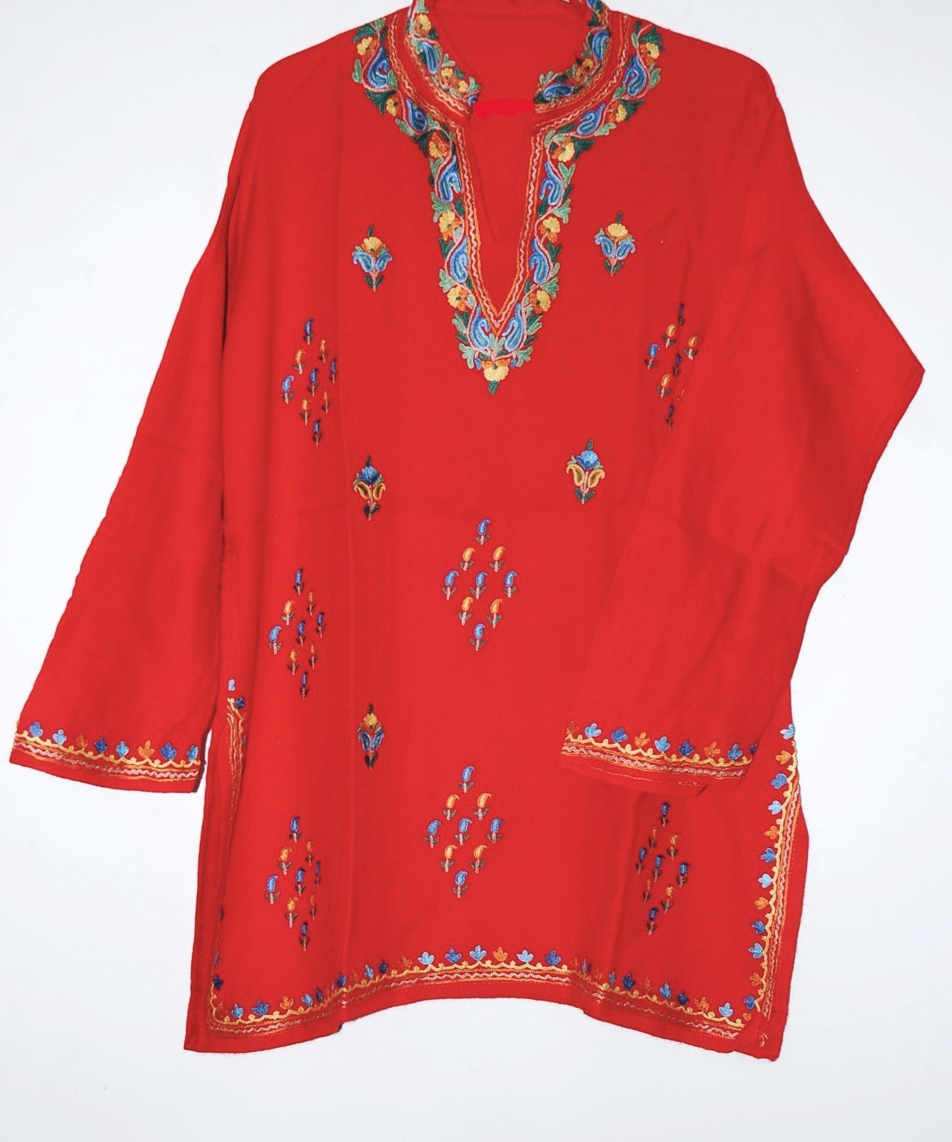 Traditional Kashmiri Kurta Tunic Woolen Kurti Red, Multicolor Embroidery #WK-423