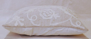 White on Beige Throw Pillow Jute Crewel Cushion Cover #CW921