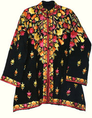 Embroidered Linen Jacket Black, Multicolor Embroidery #AO-504