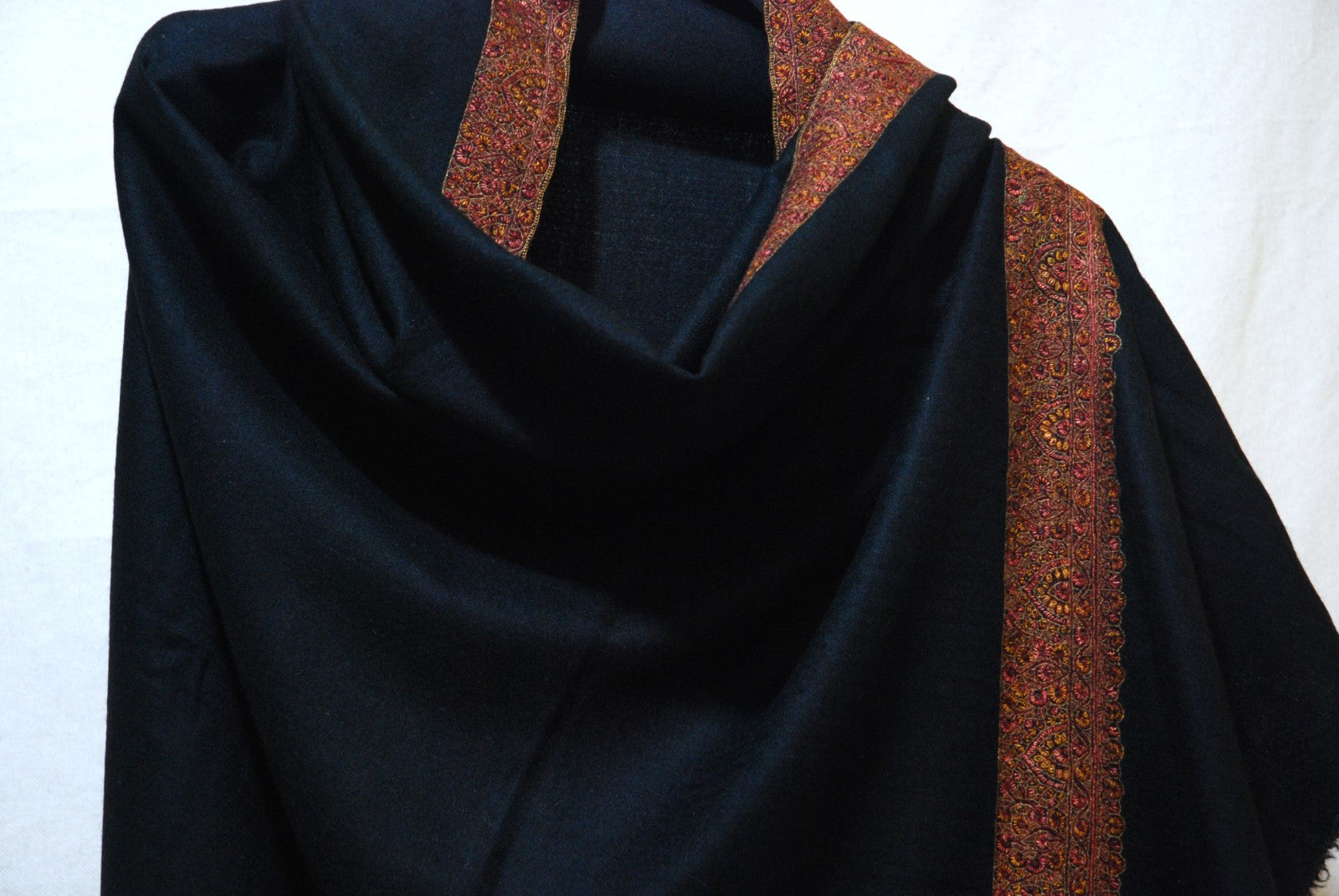 Kashmir Pashmina "Cashmere" Embroidered Shawl Black, Multicolor Embroidery #PDR-006