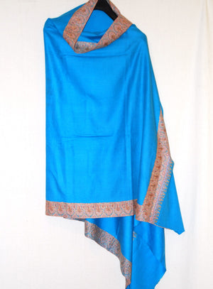 Multicolor Embroidery Handloom Pashmina "Cashmere" Shawl Blue Turquoise #PDR-012