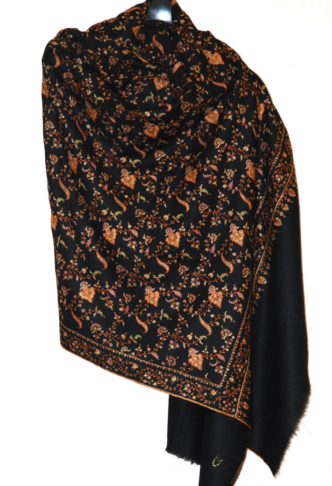 Multicolor Embroidery Pashmina Wool Handloom Shawl Black #PJL-002