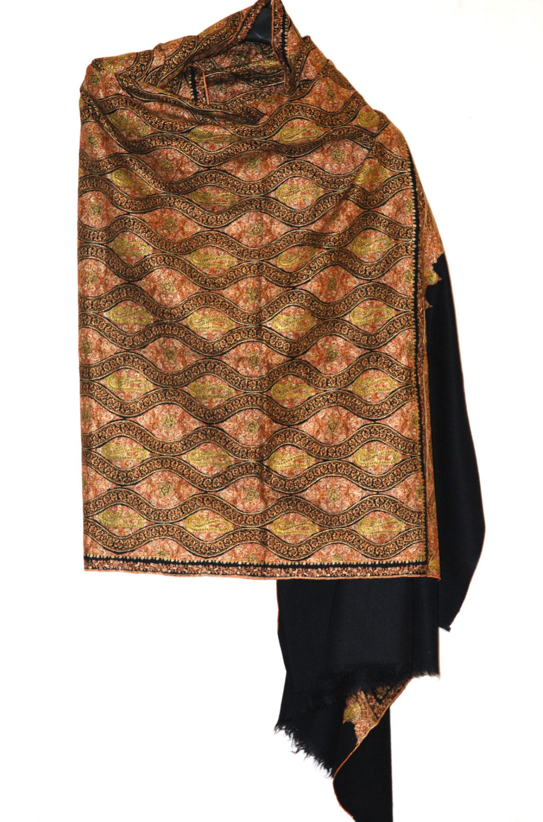 Kashmir Pashmina "Sozni" Needlework Jamawar Shawl Black, Multicolor Embroidery #PJM-003