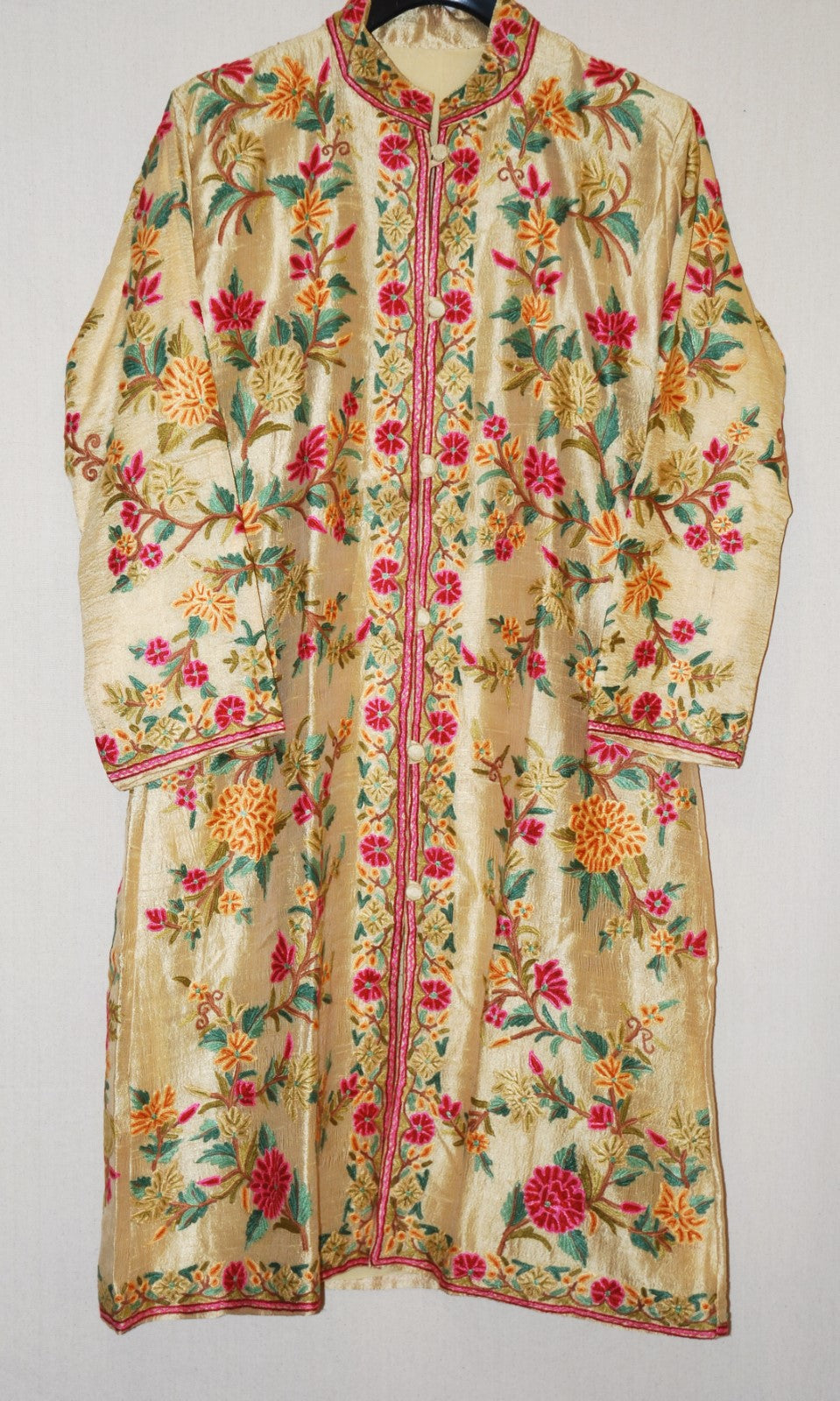 Kashmir Ethnic Silk Coat Long Jacket Gold, Multicolor Embroidery #AO-302