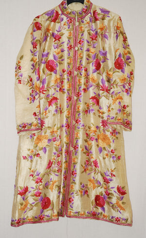 Kashmir Ethnic Silk Coat Long Jacket Gold, Multicolor Embroidery #AO-305