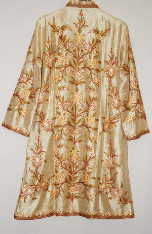 Kashmir Ethnic Silk Coat Long Jacket Gold, Multicolor Embroidery #AO-329