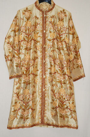 Kashmir Ethnic Silk Coat Long Jacket Gold, Multicolor Embroidery #AO-329